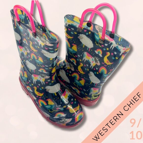 Western Chief Girls Size 9/10 Rain Boots | Unicorn Rainbow Farm Print - Picture 2 of 4